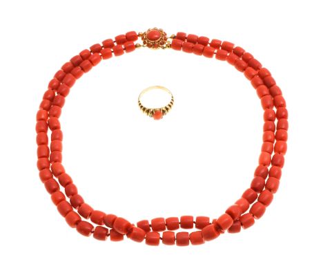Including 14KG ring set with red coral and 2 strand red coral necklace on 14KG clasp, diameter beads is 7 mm., total weight 8
