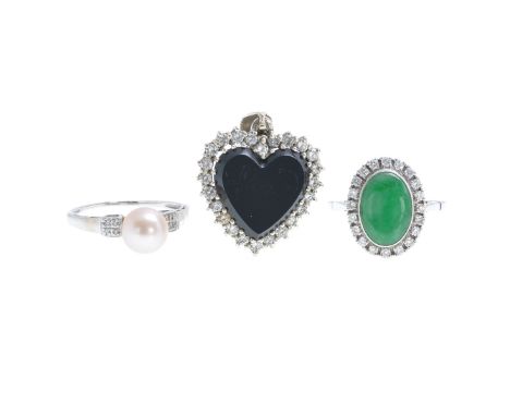 Including onyx pendant, jade ring and ring set with pearl, all set with diamonds.