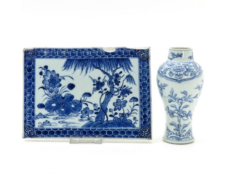 Chinese tile decorated with scene in garden, floral decor vase is 17 cm. tall, chip on tile, hairlines in vase.