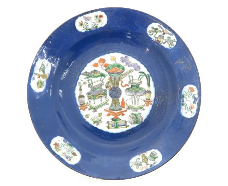 Powder blue ground with Famille Verte enamels depicting scenes with Chinese antiquities, 18th Century, marked with double rin