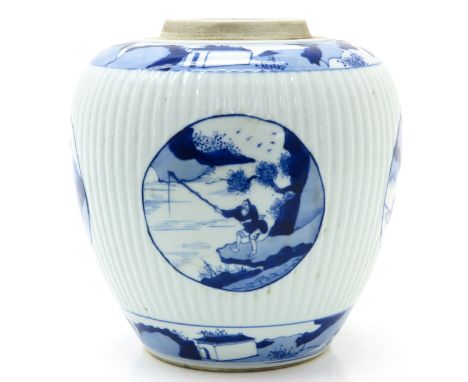 Ribbed decor with four diverse scenes of Chinese figures in landscapes, marked on bottom with double ring, 21 cm. tall.