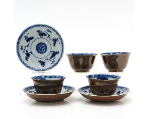 Batavian ware, floral decor, saucers are 11 cm. in diameter, one saucers with hairline.
