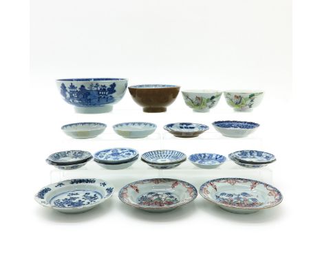 Including bowls, saucers and small plates, in diverse decors and sizes, including 18th Century, largest bowl is 21 cm. in dia