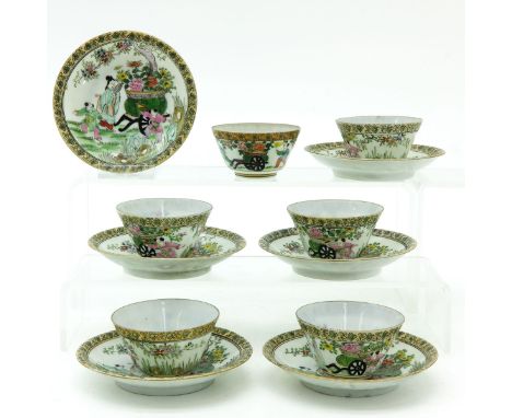Depicting scene in garden with figures, saucers are 10 cm. in diameter, in diverse conditions.