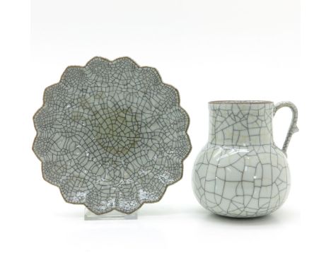 Bowl is 19 cm. in diameter, pitcher is 13 cm. tall.