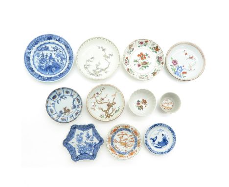 Including cups, saucers, and small trays, some 18th Century, largest saucer is 14 cm. in diameter, with hairline.