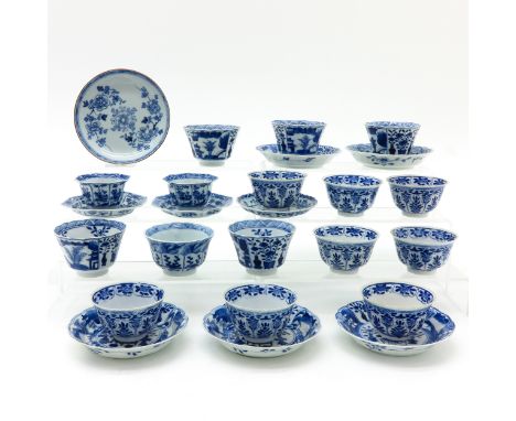 Blue and white in diverse decors and sizes, including 18th Century, largest saucers are 13 cm. in diameter, in diverse condit