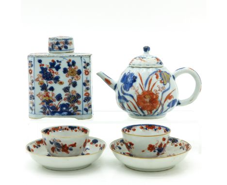 Including teapot, cups, saucers and tea box, tea box is 12 cm. tall, in diverse conditions.
