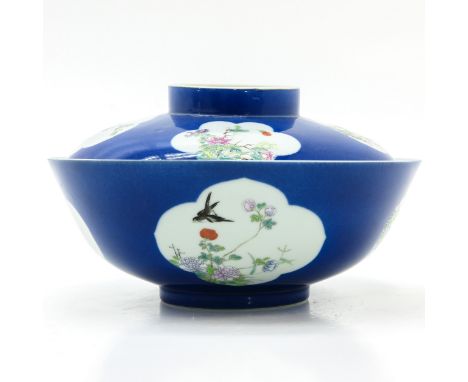 Powder blue ground with Famille Rose enamels depicting flowers and birds, cover and bottom of bowl both marked with double ri