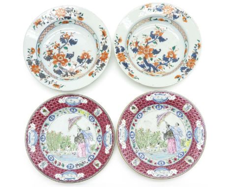 In diverse decors and sizes including Famille Rose with ruby border,  some 18th Century, largest plate is 23 cm. in diameter,