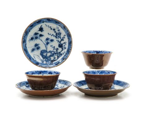 Blue and white decor, saucers are 13 cm. in diameter, with chip and hairline.
