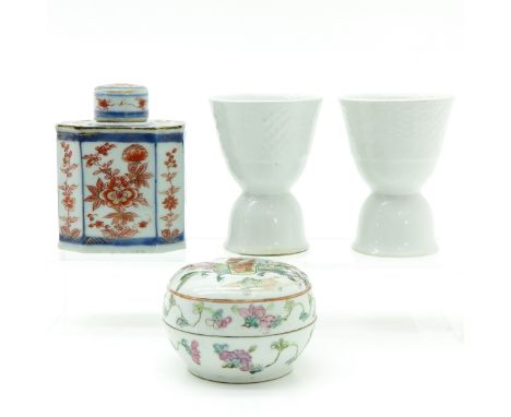 Including Tea caddy in milk and blood floral decor with gilt accents, covered box in Famille Rose enamels decorated with Chin