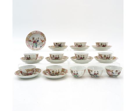 Decorated with Chinese figures in Famille Rose enamels with gilt accents, saucers are 12 cm. in diameter, one saucer with hai
