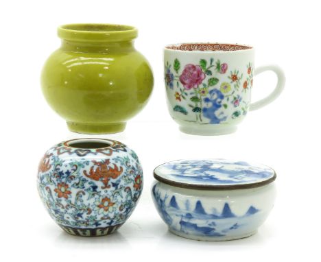 Including brush washer, small vase, box with cover and cup, vase is 8 cm. tall, some with chips.