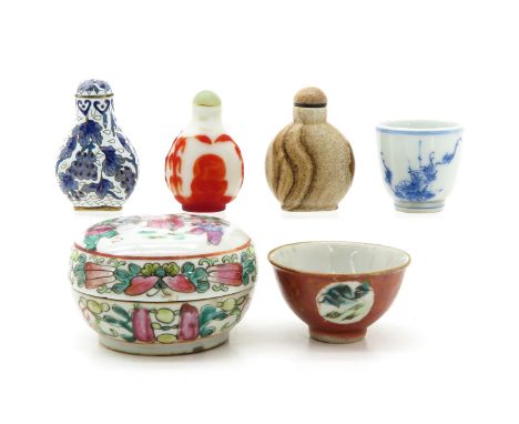 Including snuff bottles, cups and round box with cover 9 cm. in diameter.