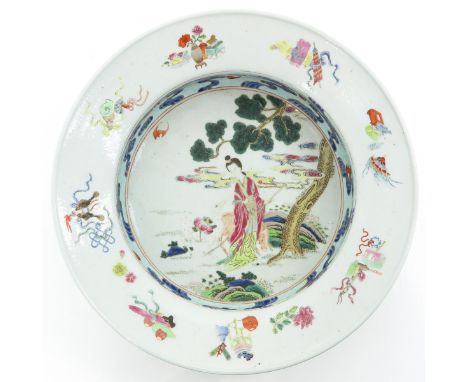 Decorated with Chinese lady with deer in garden in center of basin with Chinese valuables on border, 37 cm. in diameter.