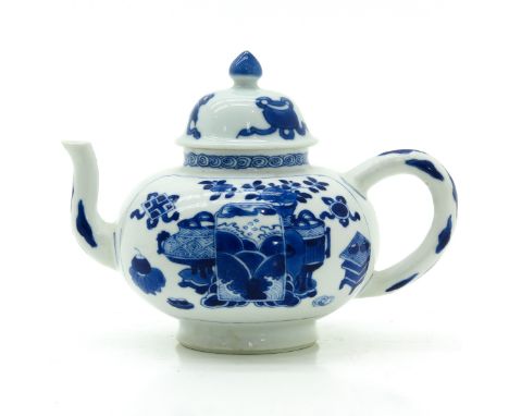 Two side decor depicting scene with Chinese valuables, marked on bottom with double ring, 12 cm. tall, restoration on spout.