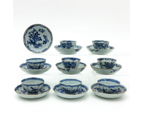 Including a set of four cups sand saucer decorated with Chinese figures in garden and four cups and five saucers in blue and 