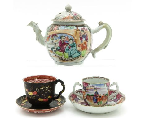 Including Madarin decor teapot, brown ground cup and saucer with gilt floral decor, and Qianlong cup and sacuer, teapot measu