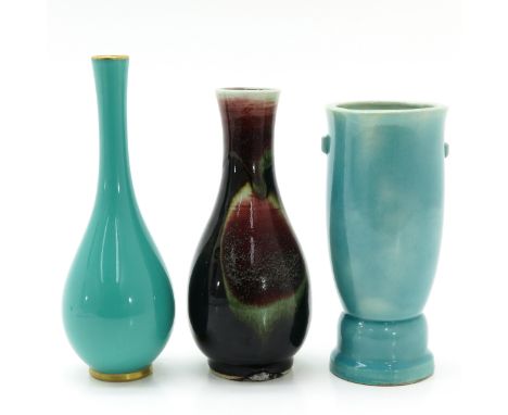 Including two in light green glaze and one in red glaze decor, tallest vase is 22 cm., one with hairline.