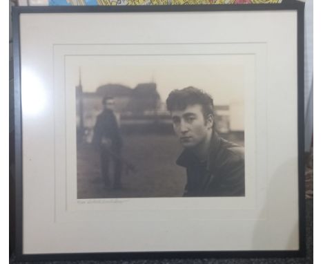 John Lennon and Stuart Sutcliffe sepia toned print by Astrid Kirchherr No 9/500 framed and glazed image measures approx 16.5”