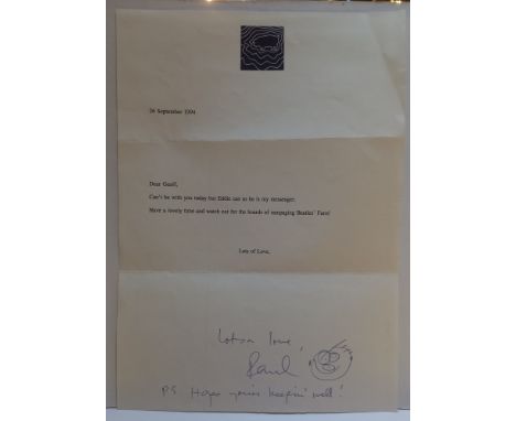 Sheet of Hog Hill paper dated 26th September 1994 with typed letter to Geoff “rampaging Beatles Fans” signed at the bottom by