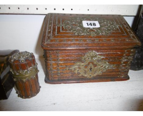BRASS BOUND STATIONERY BOX AND INKWELL