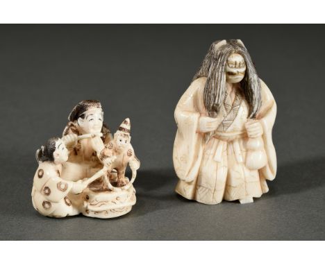 2 Diverse Elfenbein Netsuke und Schnitzerei: "Schauspieler mit Wendekopf und Kalebasse" (sign. Shôzan 松山, H. 5,2cm) und "Gauk