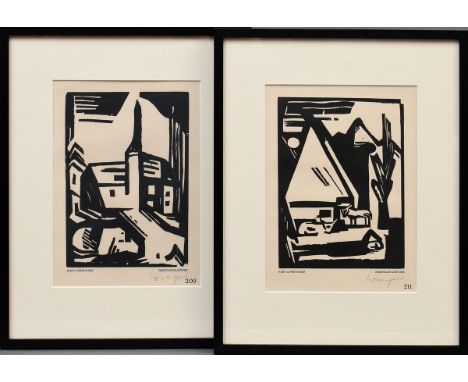 2 Löwengard, Kurt (1895-1940) "o.T." (Schlafender Mann mit Vieh und Stall) und "o.T." (Stadtlandschaft mit Kirche) um 1923, H