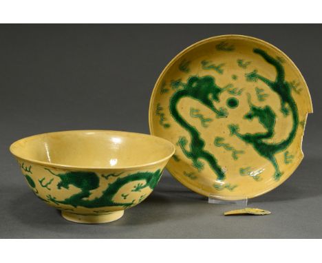 2 Teile chinesische Kumme (H. 7cm, Ø 16cm) und Teller (Ø 17,5cm)  mit Sancai Malerei "Drachen" am Boden 6-Zeichen Kangxi Mark
