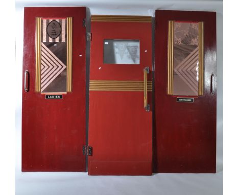 An unusual mid century set of 3 1950's cinema doors adorned with peach mirror glass and chrome door handle pulls. The doors m