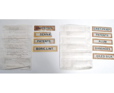 A collection of vintage early 20th glass pharmaceutical apothecary glass shelf labels to include patents, sennae, boric lint,