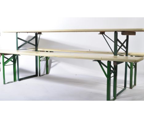 A vintage industrial / festival / garden Trestle table and two bench set with painted&nbsp; pine tops and collapsible metamor