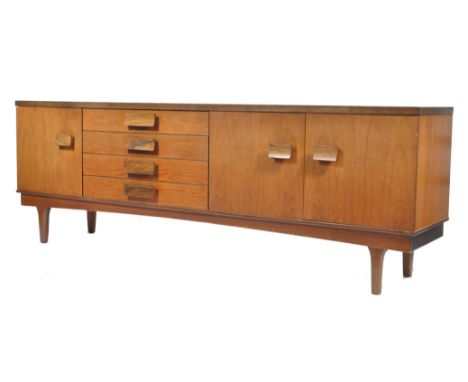 Bath Cabinet Makers - A retro 1960's teak wood sideboard having a bank of four drawers offset from centre flanked by cupboard