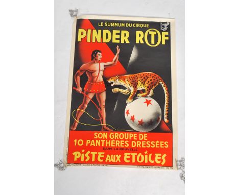 An original rare vintage French circus advertising poster featuring a cheetah on white ball and tamer from the famous Pinder 
