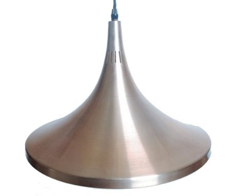 A mid century retro rise and fall pendant lamp light being of space age form and made of polished steel in a&nbsp; rose gold 