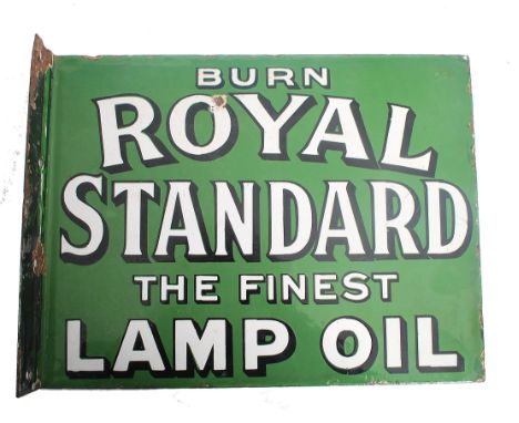 A good vintage early 20th century enamel double sided point of sale advertising sign for Royal Standard Lamp Oil. On green gr