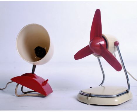 A fantastic matching mid 20th century Pifco desk lamp and desk fan, both finished in a red and cream two tone colourway in st