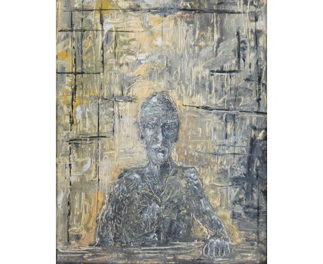 A vintage 20jth century framed abstract oil on canvas painting after Alberto Giacometti (1901-1966). The painting of a man sa