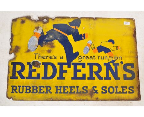 A vintage 20th century vitreous enamel advertising sign, 'For All Repairs, There's a Great Run on Redfern Rubber Heels and So