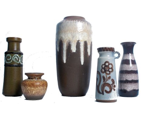 A group of five vintage retro mid 20th century West German ceramic vases of varying height design and form. Please see images
