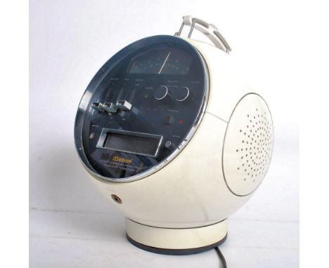 A vintage retro 20th Century Weltron 8 track Retro tape and radio music player, in cream plastic spherical body, with carry h