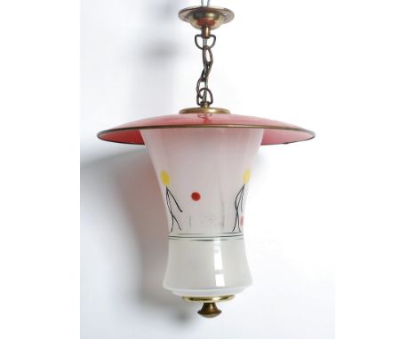 A vintage 1950's mid century hanging lantern. The frosted glass shade decorated with matchstick men having red cap cover