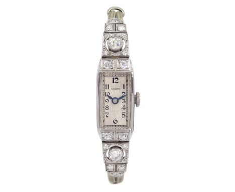 Eszeha Art Deco platinum milgrain set diamond manual wind lever wristwatch, stamped PT 950, No. 91982, the two largest diamon