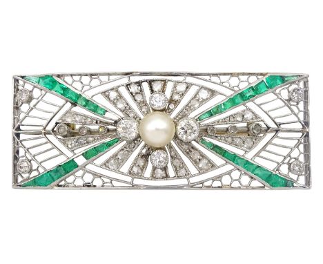 Art Deco platinum diamond, emerald and pearl brooch, the single stone pearl surrounded by old cut diamonds and calibre cut em