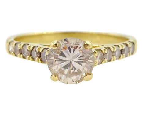 18ct gold single stone round brilliant cut fancy colour light brown diamond ring, with diamond set shoulders, hallmarked, pri