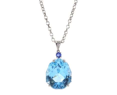 18ct white gold large blue topaz and sapphire pendant necklace, stamped 750, blue topaz approx 89.50, sapphire approx 0.60 ca