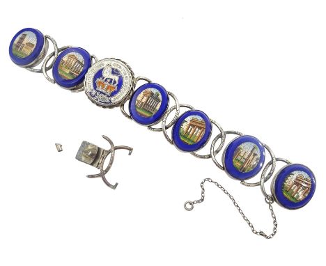 19th century micromosaic oval link bracelet, six oval panels depicting classical ruins and one enamel 'britanniarum rex fidei