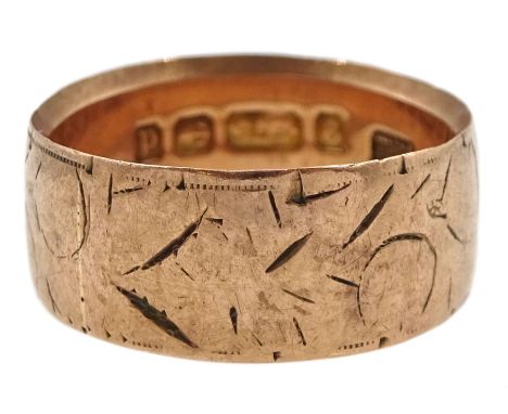 Edwardian 9ct rose gold wedding band, Birmingham 1903Condition Report:Approx 3.5gm, size J-K, depth 8mm, engraving rubbed