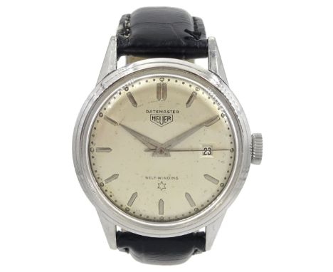 Heuer Datemaster gentleman's stainless steel self-winding wristwatch, case No. 279361, silvered dial with date aperture, on b